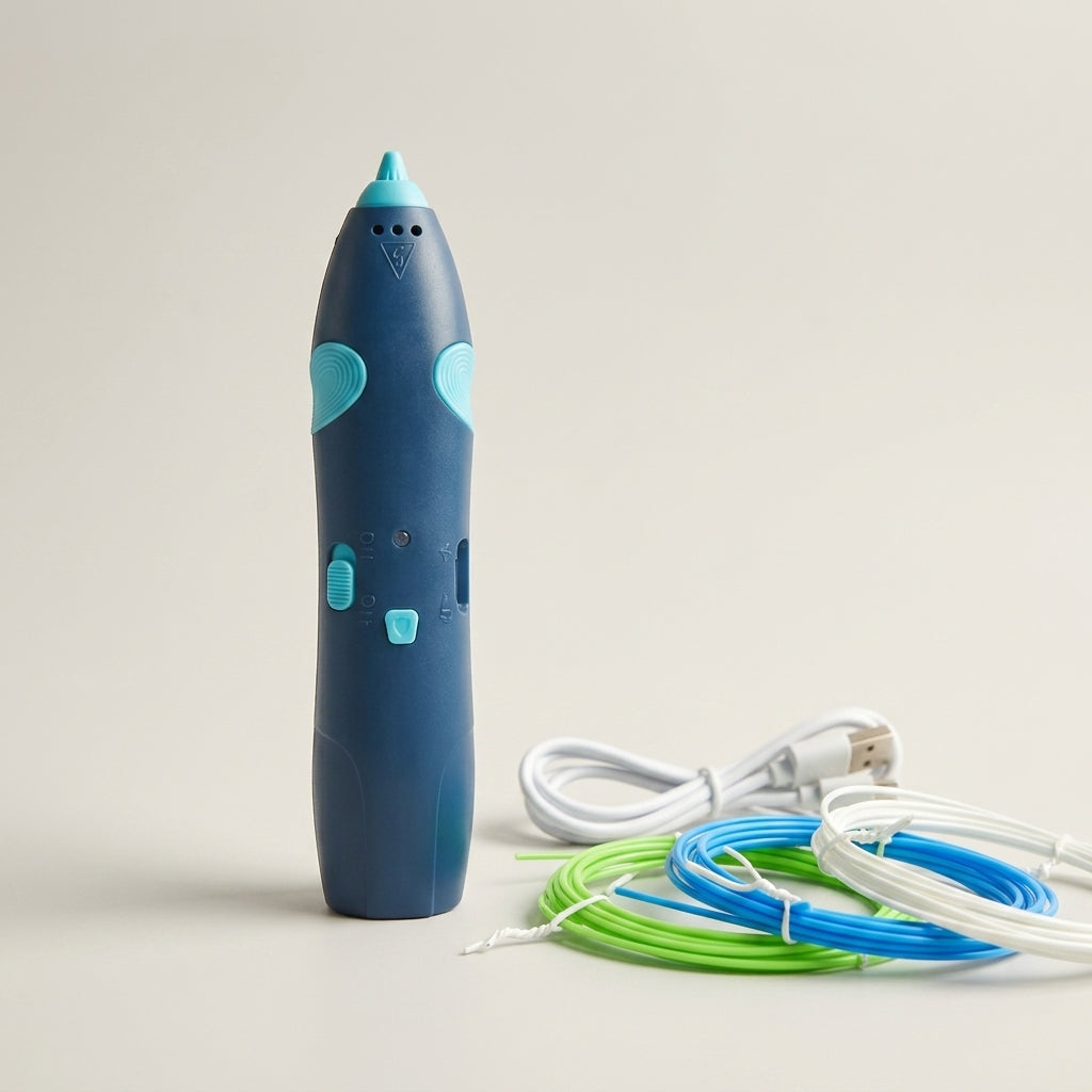 Blue Sketcheroo 3D printing pen with colorful filament and charging cable on a light background