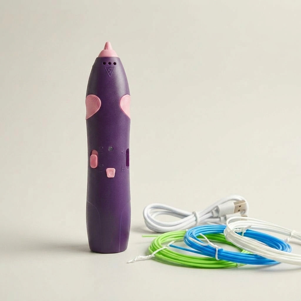 Blue Sketcheroo 3D printing pen with colorful filament and charging cable on a light background